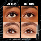 Before and after comparison of eye makeup application with a mascara tube.