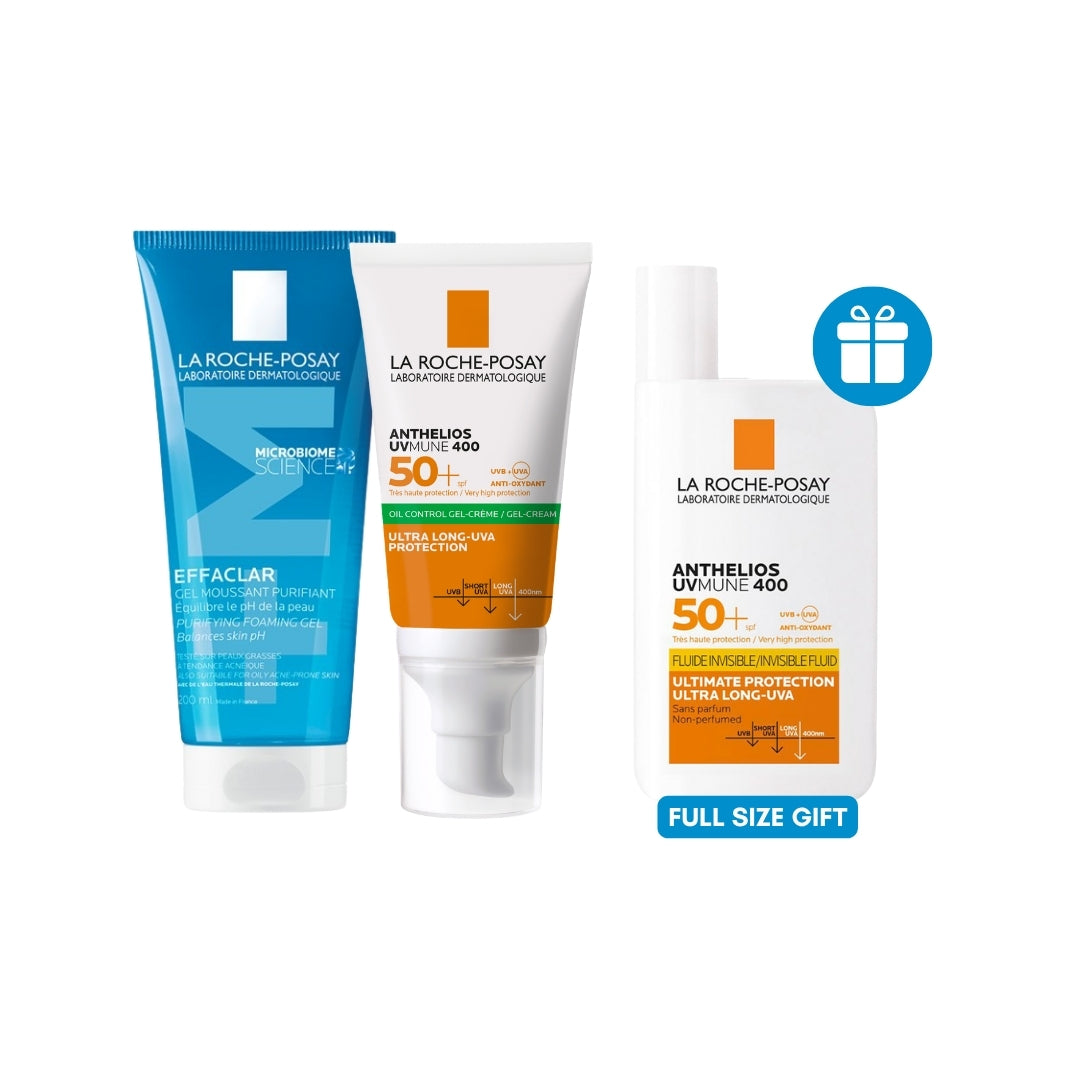 La roche-posay anthelios gel-cream oil control 50ml + La roche-posay effaclar gel 200ml and get anthelios uvmune fluide spf50+ free