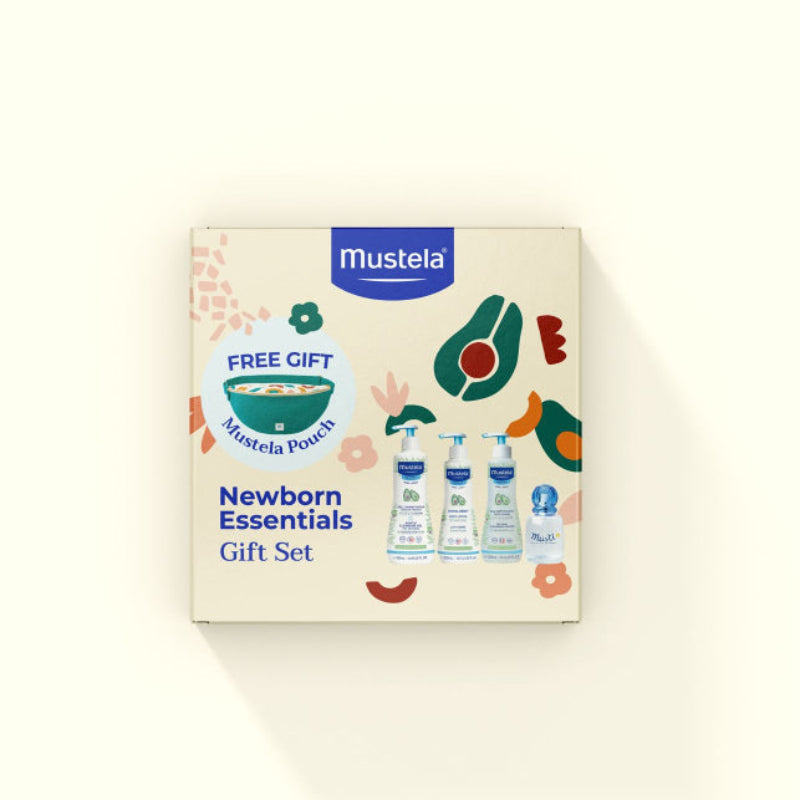 Mustela newborn essentials gift set packaging on a white background