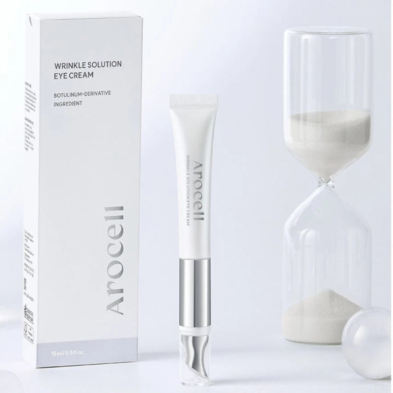 Arocell wrinkle solution eye cream with packaging and an hourglass on a white background