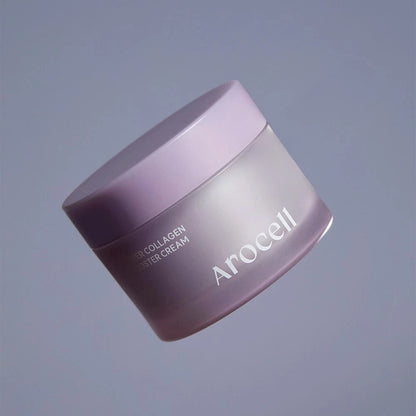 Purple jar of Arocell cream on a gray background