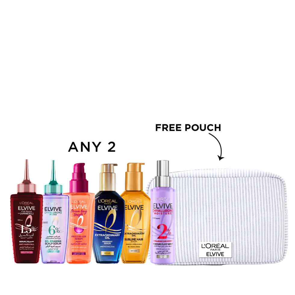Any 2 of Hyaluron Spray 150 ML , Huile Extra Gene , Midnight Serum , Anti Hair-Fall Serum , Frizz Killer Serum , Hyaluron Pure Oil +FREE Pouch