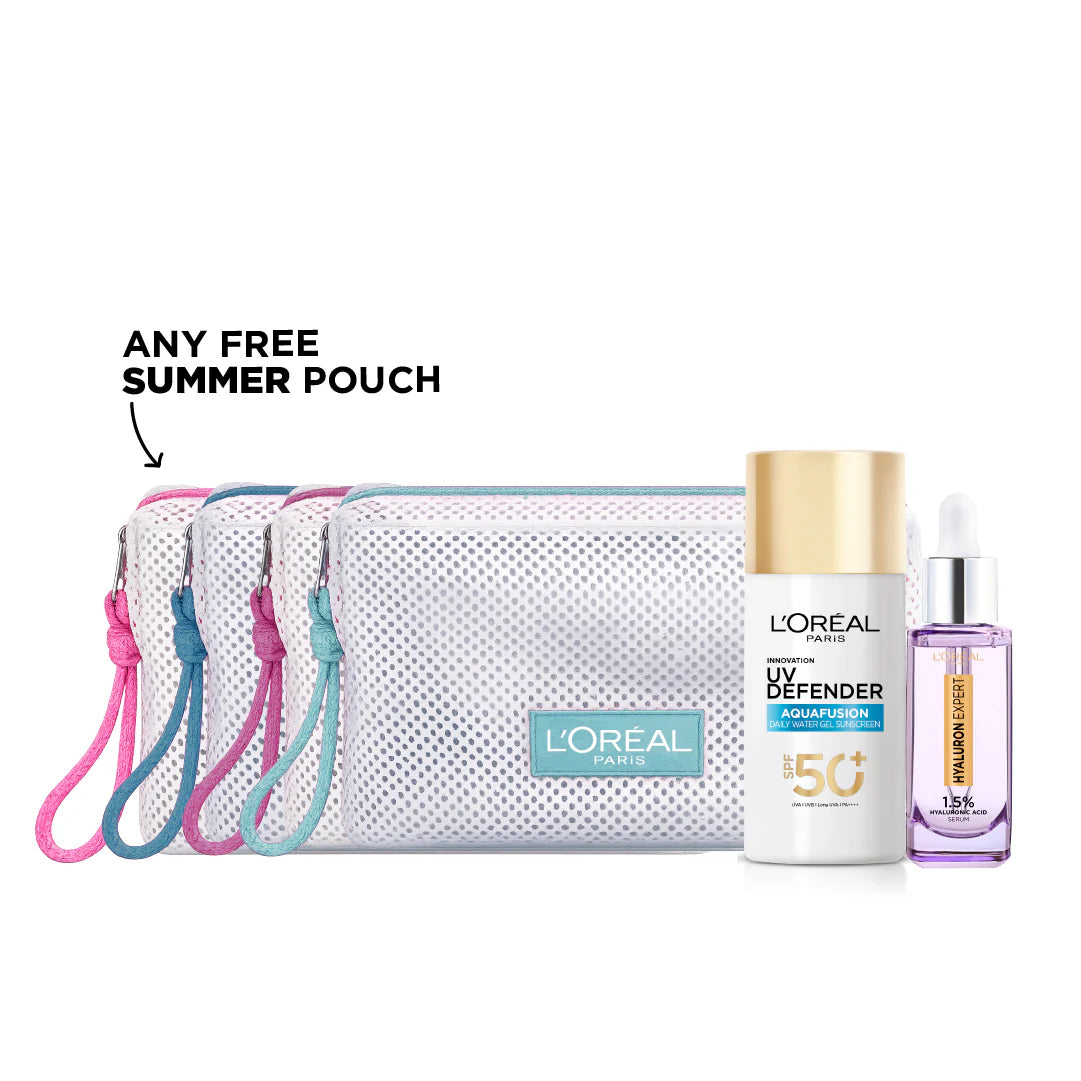 L'Oréal Paris Aquafusion Daily Water Gel Sunscreen + Hyaluron Expert Replumping Face Serum + FREE Summer Pouch At 20% OFF