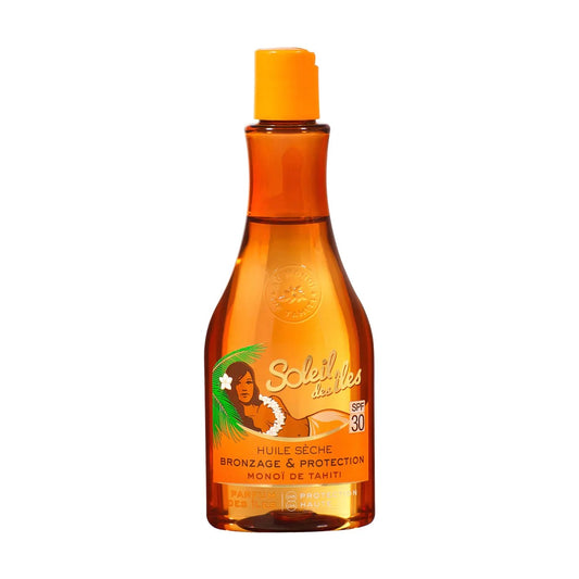Bottle of Soleil Des Îles Dry Tanning Oil with SPF30 and Tiaré fragrance