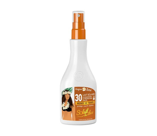 Bottle of Soleil des Îles SPF 50 sunscreen milk with Tiaré fragrance