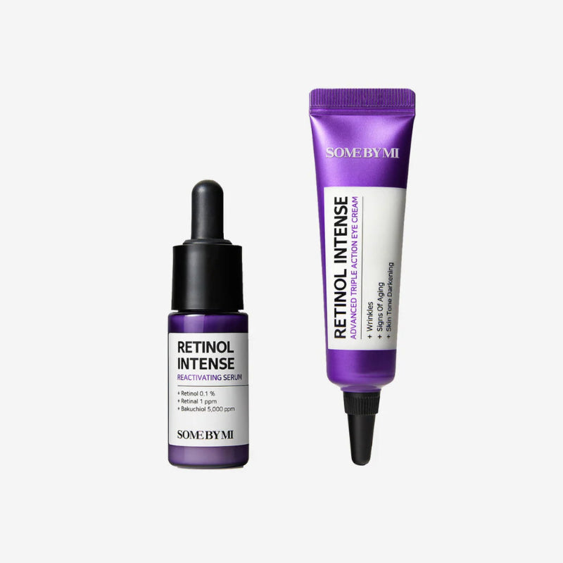 SOME BY MI Retinol Intense Trial Kit box opened, showing 10 ml serum dropper bottle and 10 ml eye cream tube with purple-and-white packaging.