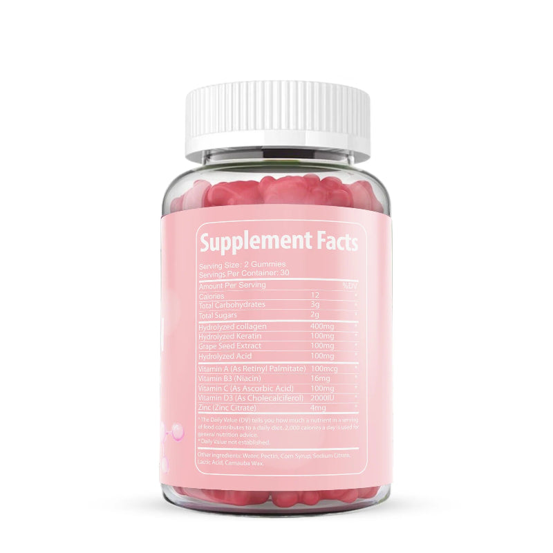 Supplement bottle with pink capsules and white label on a white background