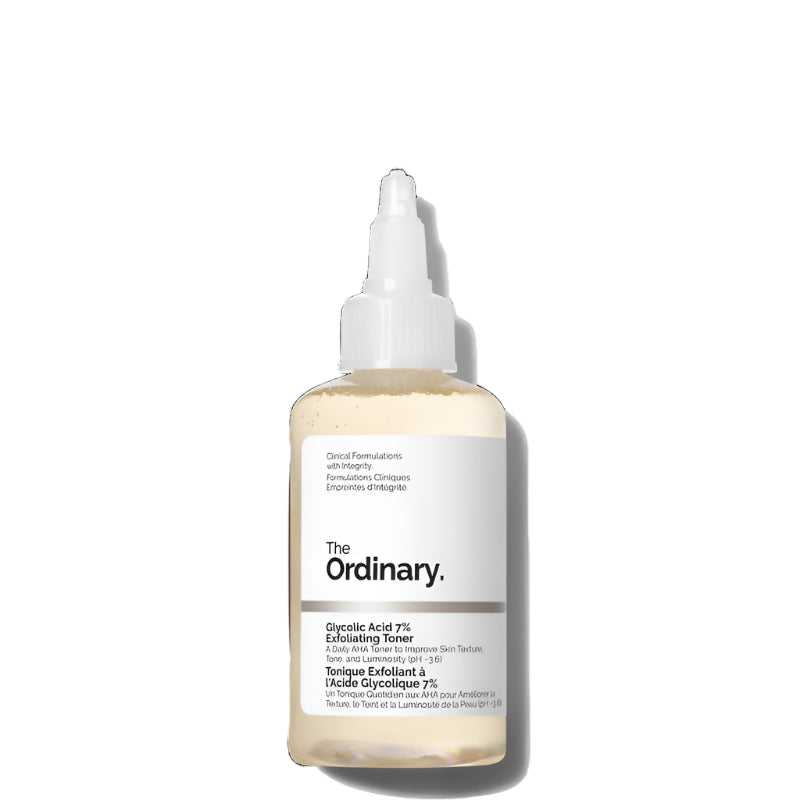 The Ordinary Glycolic Acid 7% Exfoliating Toner in a 100ml transparent bottle with twist cap, shown against a clean white background.