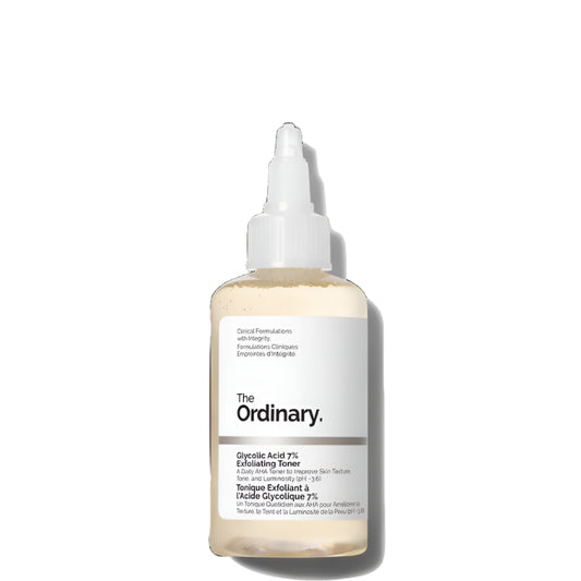 The Ordinary Glycolic Acid 7% Exfoliating Toner in a 100ml transparent bottle with twist cap, shown against a clean white background.