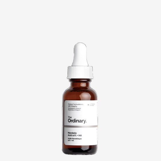The Ordinary Mandelic Acid 10% + HA serum 30ml bottle with dropper, shown upright against a plain white background.