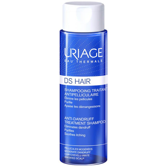Uriage DS Hair Antipelliculaire Shampoo in a blue bottle with white and black text, indicating it is a dandruff treatment shampoo.