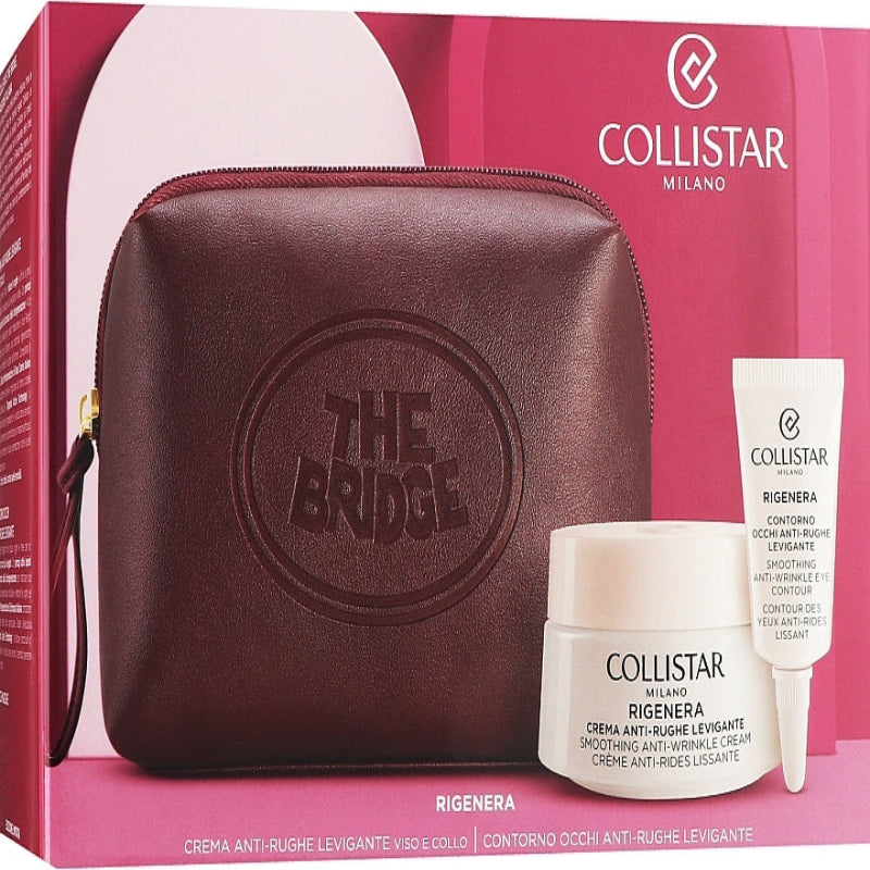 Collistar skincare products with a brown pouch on a pink background